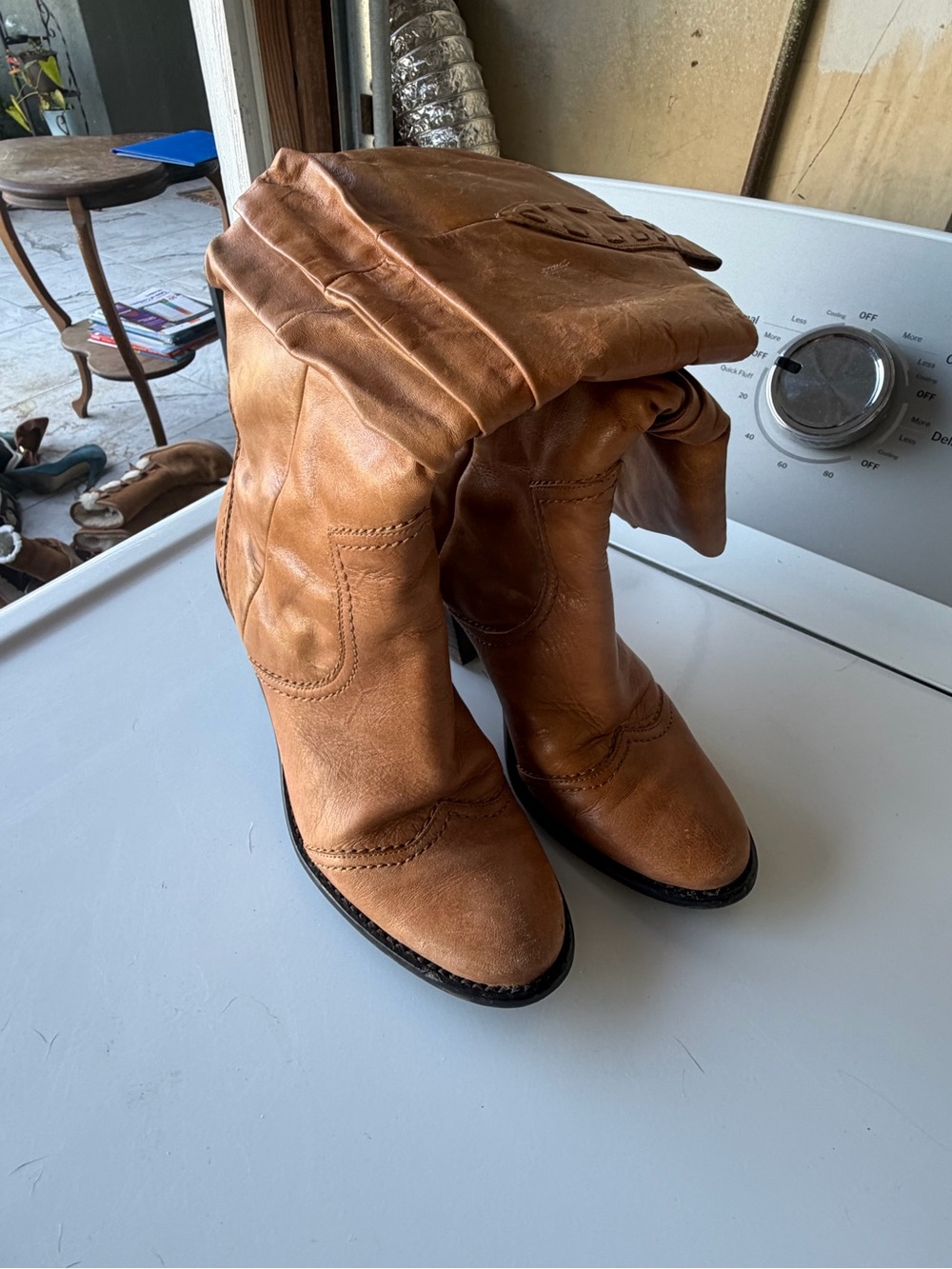BCBG Tan Leather Fold-Over Mid-Calf Heeled Boots